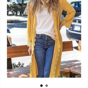Mustard Yellow Open Front Cardigan with Lace Detail - M